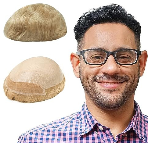 Lordhair Knotenlos Toupet für Männer, Haut Eben Injiziert Spitzenfront Mensch Haar System, Basisgröße 8x10 Zoll Leichte Mittlere Dichte Herren Haarteil