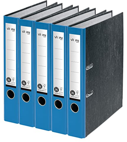 VON Leitz 5er Pack Ordner A4, 100 % Recyclingkarton, 50 mm Rückenbreite, Für 350 Blatt, Marmoriert, Blauer Engel & FSC-zertifiziert, Für Schule, Studium & Haushalt, Blau, 10541035