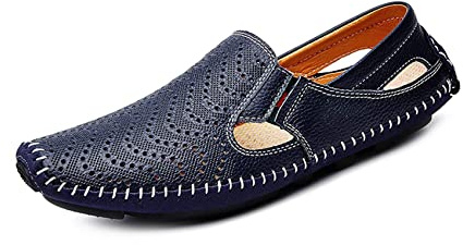 Mens Läder Kör Loafer Lättviktig Slip-On Perforerad Andas Vandring Båt Skor Platt Tofflor Utomhus Mockasin Blå 44/45 EU