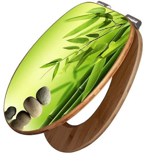 banjado Design WC Sitz Bambus Absenkautomatik 45,8x37,5cm - Toilettendeckel mit Absenkautomatik Holz - hochwertiger Bambus Klodeckel - WC-Sitz für gängigen Toiletten - Motiv Innere Ruhe