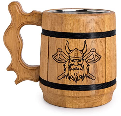 Teslyar Viking Beer Mug Tankard for Men - 0.6L/20oz Handmade Oak Wood Stainless Steel Cup, Authentic Design for Birthday, Father's Day, Xmas (Light Viking)
