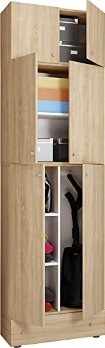 VCM Holz Besenschrank, 6 Fächer, Maße: H. 240 x B. 70 x T. 39 cm, Haushaltsschrank, Mehrzweckschrank, Aufsatz mit 2 Türen, Extra Schublade - Lona
