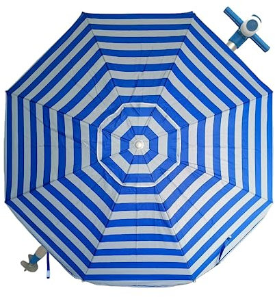 Parasol de plage 180 cm, aluminium, UPF+50 bloque 99% des rayons UV, pointe en aluminium renforcé, 8 tiges en fibre de verre, très léger 1,2 kg, fenêtre supérieure, Bleu/blanc, Grande