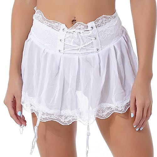 Liguero para Mujer, Minifalda Liguero Ropa Interior de Encaje Translúcido con 4 Clips de Metal Ligueros con Tirantes Elásticos de Cadera Juego de Lencería - Blanco, Talla única