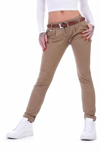 Style-Station Chino Hose Damen Stoffhose Hüfthose Chinos Business Hosen Stretch Sexy Hüfthosen Straight Leg Gerader Schnitt Beige XL 42