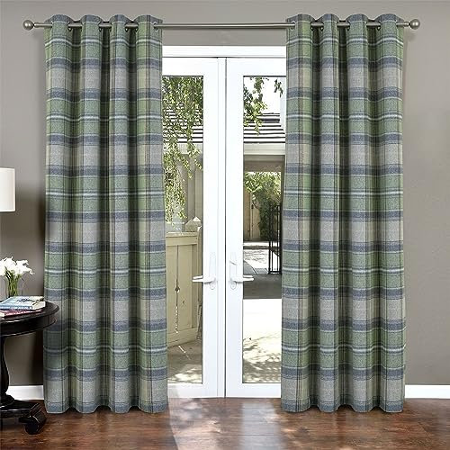 always4u 100% Blackout Curtains Check Eyelet Bedroom Tartan Curtain Plaid Brushed Cheque Pair of Highland Woolen Look Window Treatment for Living Room Green 66 * 72 Inches