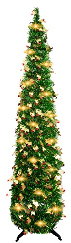 ZAYMDO 150cm/5ft Künstliche Weihnachtsbäume, zusammenklappbarer Pop up Lametta Weihnachtsbaum, vorbeleuchtete Weihnachtsdekoration Indoor Home Decor (Dark Green)