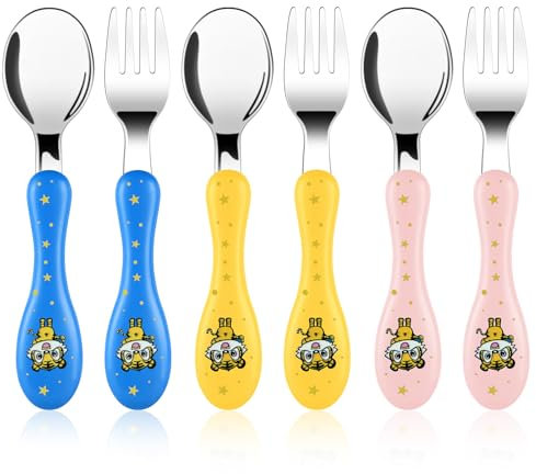 Vicloon Stainless Steel Cutlery Set for Children, 6-Piece Fork and Spoon, Easy Grip, Perfect Learning Tools, Small Tiger