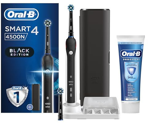 Oral-B Spazzolino Elettrico Ricaricabile Smart 4 4500 Nero, 2 Testine, Spazzolino Elettrico Oral B, Custodia +1 Dentifricio Pro-Expert Protezione Professionale