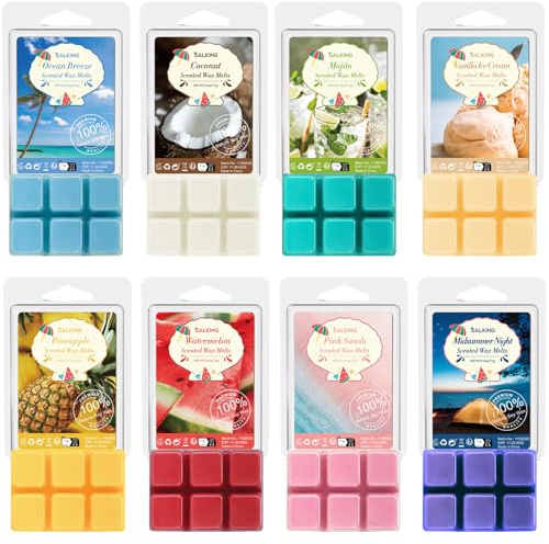 Summer Scented Wax Melts, Soy Wax Melts Gift Set, Wax Cubes/Tarts for Warmer - Ocean Breeze, Coconut, Mojito, Vanilla Ice Cream, Pineapple, Watermelon, Pink Sands, Night, 8x2.6 oz