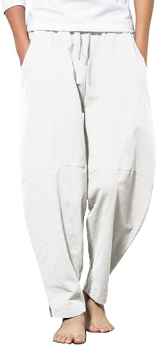COOFANDY Linnebyxor för män, långa haremsbyxor, lätta sommarbyxor, lös passform, strandbyxor, fritidsbyxor med fickor, Vit, M