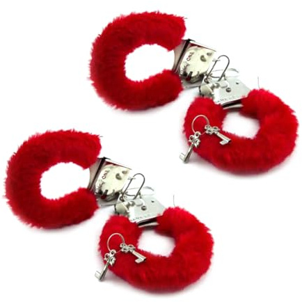 NHPY 2 Stück Plüsch-Handschellen mit Schlüssel, plüsch handschellen,weiche Metall-Handschellen, handschellen plüsch,Handschellen-Spielzeug mit Plüsch und Schlüsseln, weiche Handschellen (Rot)