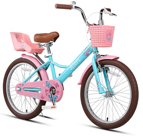 Glerc Sasha Girls Bike, 20 Inch Bicycle for Ages 7-13 Years Old Children, Retro Vintage Style Kids Bicycle with Doll Bike Seat and Basket, Blue