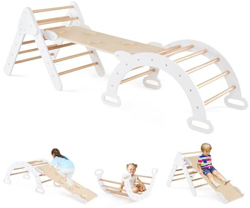 HOMASIS 4 in 1 Kletterdreieck mit Rutsche, Wippe, Kletterbogen & Leiter, Klettergerüst mit doppelseitige Rampe, Holz Sprossendreieck Kletterspielzeug Spielplatz für ab 1 Jahr (Weiß, Ohne Kissen)