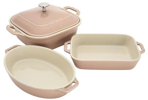Staub Keramik-Backformen-Set, 4-teilig, Auflaufform mit Deckel, Brownie-Pfanne, Hellrosa