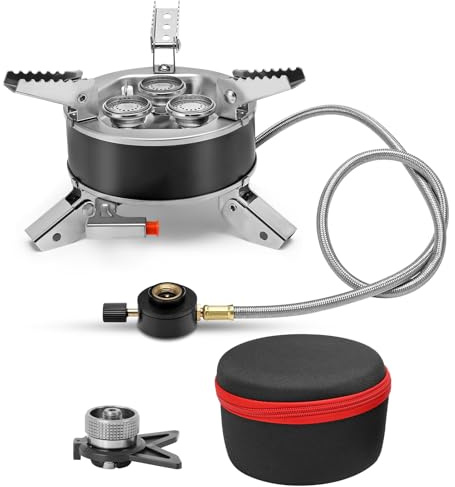Cuisinière de camping coupe-vent avec allumage piézo régulateur de flamme 6800 W Brûleur à gaz portable pliable pour camping extérieur
