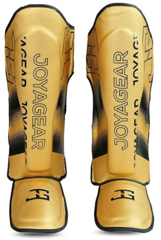 JOYAGEAR Schienbeinschoner Kickboxen - Evolution - Gold & Schwarz - Größe M - Kampfsport Sparring Schienbeinschutz - Beinschutz Kickboxen Schienbeinschützer - Hergestellt aus thailändischem Mikrofaser