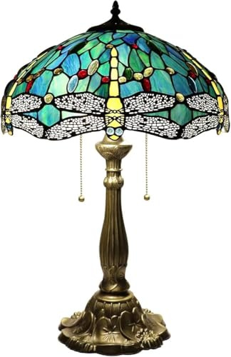 Five Liters Tiffany Style 16 Inch Blue Dragonfly Table Lamp Stained Glass Crystal Bead Lampshade Antique Lighting Living Room Bedroom Table Lamps, 16 Width 23.6Height