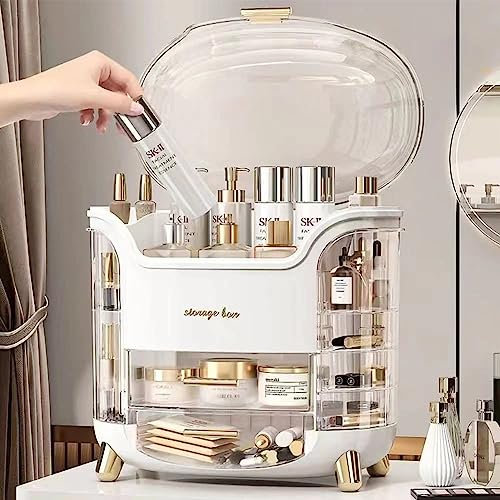 YGJT Make Up Organizer Organizer Schminke aus Kunststoff, Durchsichtigem Deckel - Wasser- & Staubdichte Kosmetik Aufbewahrung Weiß