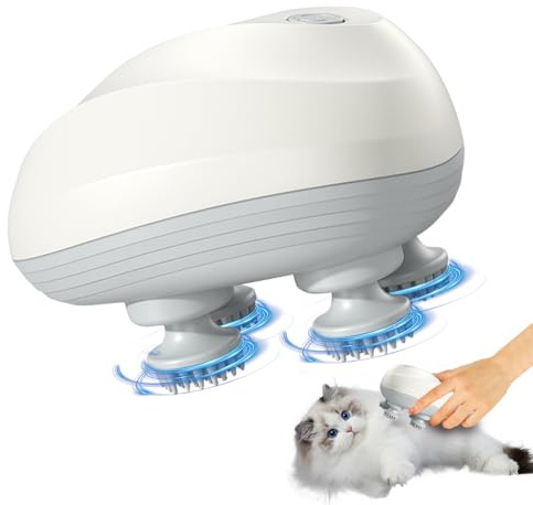 PLLYPE Elektrisches Kopfmassagegerät, Kopfmassagegerät Elektrisch, IPX7 Wasserdicht Katzen Massagegerät, Tragbar Haustier Massagegerät mit 4 Knetköpfen für Ganzkörpermassage HundeköRper Haarwachstum