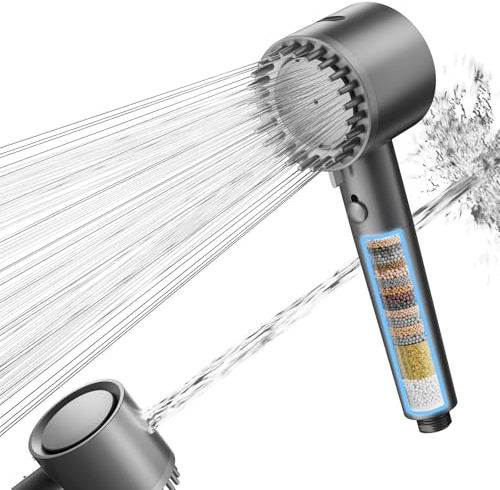 Cobbe Cabezal de Ducha con Filtro de 20 Capas, Alcachofa de Alta Presión con 5 Modos de Chorro, Ahorro de Agua, Eliminación de Cloro Residual y Bacterias para Agua Dura (Gris)