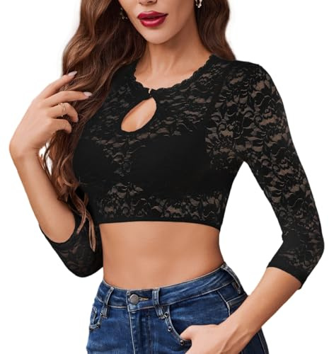 Zeagoo Damen Dirndlblusen Schwarz Spitze Dirndl Bluse 3/4 Ärmel Rund-Ausschnitt Trachtenblusen Elegante Blusen in Bayrischer Tracht Bluse für Dirndl für Oktoberfest S