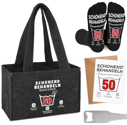WenmthG 50 Geburtstag Geschenk Männerhandtasche Bier Filz mit Flaschenöffner und Lustige Socken und Grußkarten für Mann Frauen, Bier Geschenke Männer Bierträger Flaschentasche für 6 Flaschen