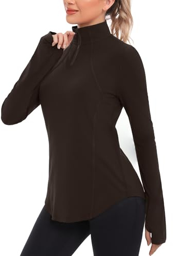Crewhpo Maglia Sportiva Donna con Cerniera 1/4 Maglia Running per i Pollici Magliette Sportive Traspirante Maglie Yoga Leggera T Shirt Sportivo Asciugatura Rapida per Yoga Fitness Palestra Marrone M