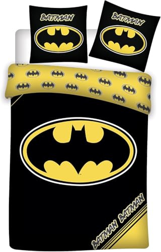 BrandMac Parure de lit Batman pour lit simple | Housse de couette 140 x 200 cm avec taie d'oreiller 60 x 65 cm | 100 % coton | Motif Bat-Signal classique noir et jaune | Décoration de chambre