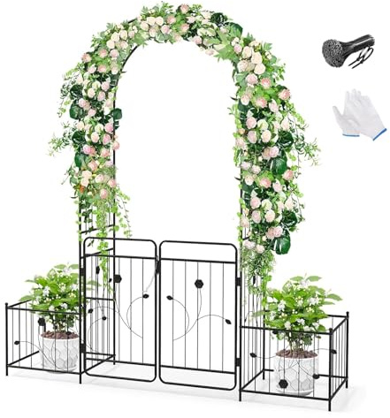 Rosenbogen Mit Tür, Gartenbogen Metall, Torbogen Mit 2 Pflanzgefäßen, 201 X 50 X 218cm Rankbogen Für Kletterpflanzen Gartenbogen Klein Torbogen Für Garten Holz