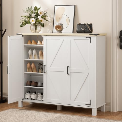 OCTORO Schuhschrank mit 3 Türen, Schuhschrank Holz im Landhausstil, Schuhkommode mit verstellbaren Einlegeböden und Kippschutz, Schuhregal Schmal für Eingangsbereich, Flur, Wohnzimmer, Weiß