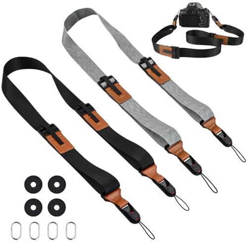 Ecofocet 2 Piezas Correa de Cámara con Hebilla Liberación Rápida, 2 Piezas Correa Camara de Fotos Ajustable Puede Lavar Cámara Correa Compatible con Todas las Cámaras(Gris+Negro)