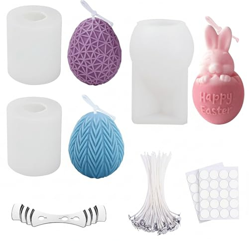 Forbabe 3 Stück Silikonform Ostereier, 3D Eierform Kerzenformen zum Gießen | Ostern Hasen Eier Silikonform Kerzengießformen mit 50 Kerzendocht 1 Dochthalter & 50 Aufkleber für Duftkerze/Ostergeschenke