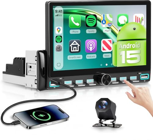 【4+64G】 Hodozzy Android 15 Radio Coche 1 DIN con In-Cell Pantalla de 7 Pulgadas con Carplay Inalámbrica Android Auto,Radio Coche Bluetooth 5.0 con DSP RDS FM USB Tipo C WiFi GPS