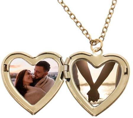XUSILIMO Collar Relicario forma corazon personalizado de Acero Inoxidable grabado a laser, colgante con Fotografía o Grabado,san valentin (Dorado)