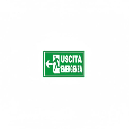 Cartello Uscita di Emergenza con Freccia Sinistra, PVC, Verde e Bianco, 30 x 19,5 cm, Montaggio a Parete