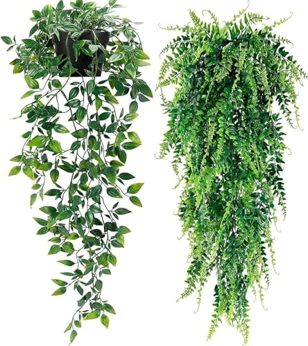 HUANYO 2pcs Fake Hanging Plants, Artificial Potted Trailing Plants for Indoor Outdoor Aesthetic Home Office Living Room Shelf Decor