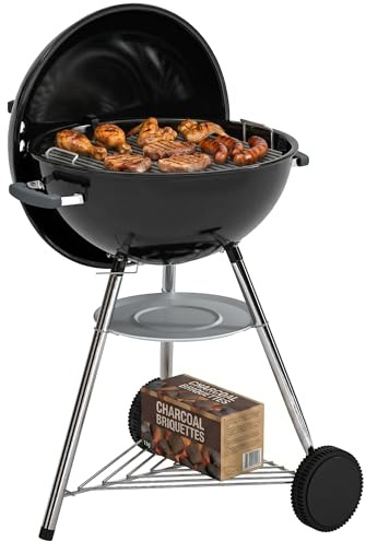 Outsunny Barbecue Carbonella Rotondo Kettle, BBQ Carbonella Portatile con Coperchio, Griglia Ø53.5cm, 2 Scatole Carbone, Ripiano, Termometro, Sfiati Regolabili, Portacenere, Manici, Ruote per Giardino