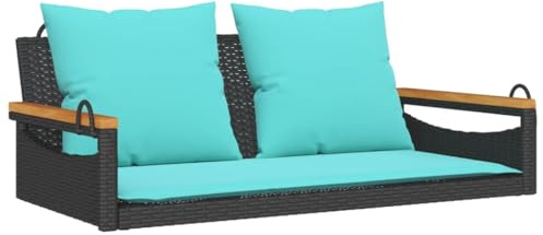 Fisinber Hängebank mit Kissen Schwarz 109x62x40 cm, Schaukelbank für Garten und Balkon, Sitzbank aus PE-Rattan und Stahlrahmen, Outdoor-Möbel zum Aufhängen