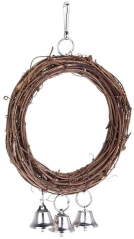BESTonZON Balançoire à Oiseaux en Rotin, pour Perroquet, Anneau Suspendu Cloche et Boucle Métallique, pour Cage et Jardin Couleur Aléatoire