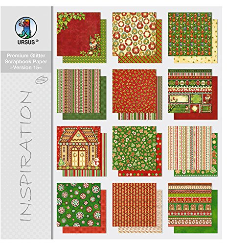 Ursus 71710099 - Premium Glitter Scrapbook paper Block, Version 15, ca. 30,5 x 30,5 cm, 190 g/qm, 12 Blatt in 6 Motiven, beidseitig mit verschiedenen Motiven bedruckt, Vorderseite mit Glitter veredelt