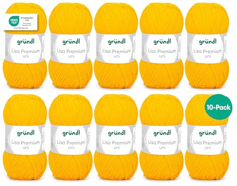 Gründl Wolle Lisa Premium uni - Garn zum Stricken - Strickgarn - Häkelgarn - Weich und hautfreundlich - 100% Polyacryl 10 Knäuel 50 g / 133 m - Nadelstärke 3,5-4,5 - Gelb