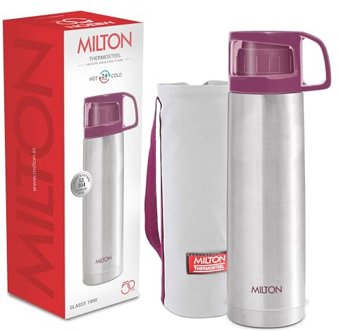 Milton Flask 1 Litre (34 oz) Insulated Water Bottle, Stainless Steel Double-Walled Vacuum Insulated with Cup & Cover, Keeps Drinks Hot & Cold for 24 Hours, Leak-Proof – Glassy Pink