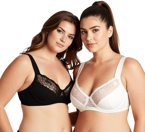 Curve Muse Reggiseno con Ferretto Minimizer-x2 | Pizzo, Ricamo, Mesh, Spalline regolabili, Chiusura a Gancetti, Nylon