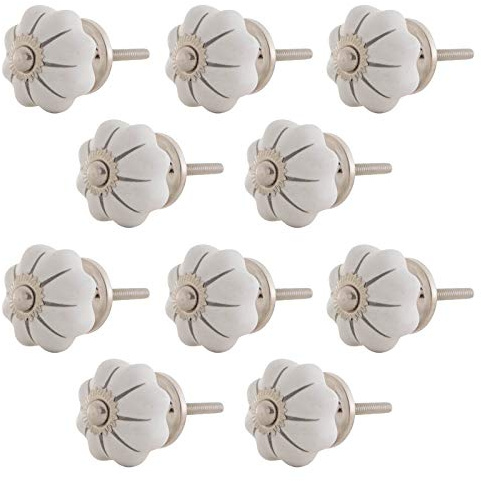 Knober 10 X Möbelknöpf Kürbisform klein Keramik Porzellan Vintage Landhausstil Shabby-Chic 34 Ø metrisch M3 Edelstahl (weiss Silber)