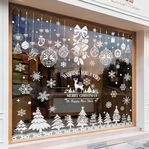 Caiery 185 PZ Vetrofanie Renna Fiocchi di Neve per Natale, Fiocco di Neve Stickers da Vetro Finestra Vetrina Natale Decorazione,- Fantastiche Adesivi Statici in PVC