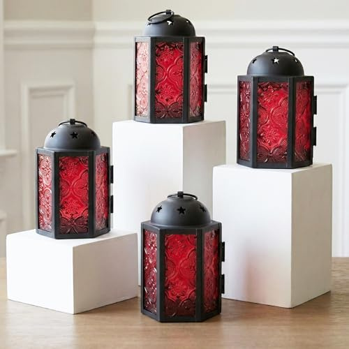 Vela Lanterns Mini Small 4.5 Inch Metal Moroccan Lantern Decorative Candle Tealight Holder for Centerpieces, Indoor Home Decor, Outdoor Patio, Weddings, Red, Set of 4