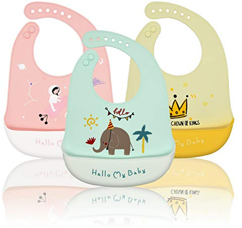 Baogaier Babero Silicona Bebe, 3 Piezas Niña Impermeables Baberos con Bolsillo Fácil de Limpiar Grande Suave, Baberos Plastico de Alimentación Destete Set para Recien Nacido Niños, Rosa Azul Amarillo