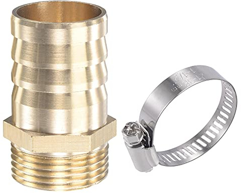 sourcing map Brass Hose Barb Fitting Straight 32mm x G1 Male Thread Pipe Connector with Stainless Steel Hose Clamp