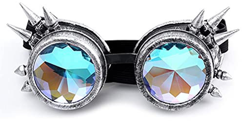 1 x Kaleidoskop Brille, Steampunk Nieten Dekoration Brille, Winddicht Vintage Gothic Rave Brille mit Regenbogen Kristall Linsen, für Halloween Weihnachten Cosplay Tanz Party Musik Festival